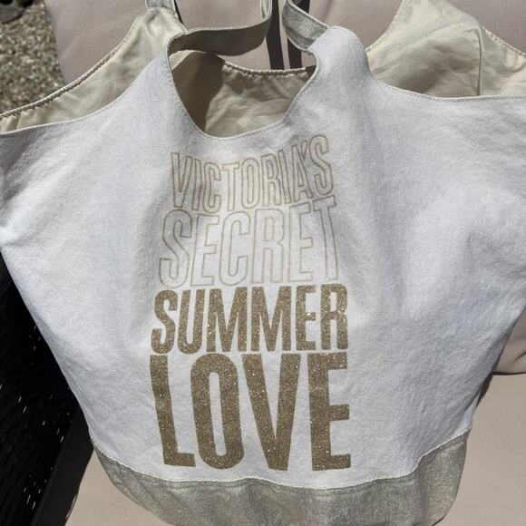 Victorias Secret Sparkle Glitter Summer Love CanvasTote Bag Weekender Gold Cream - Picture 4 of 9